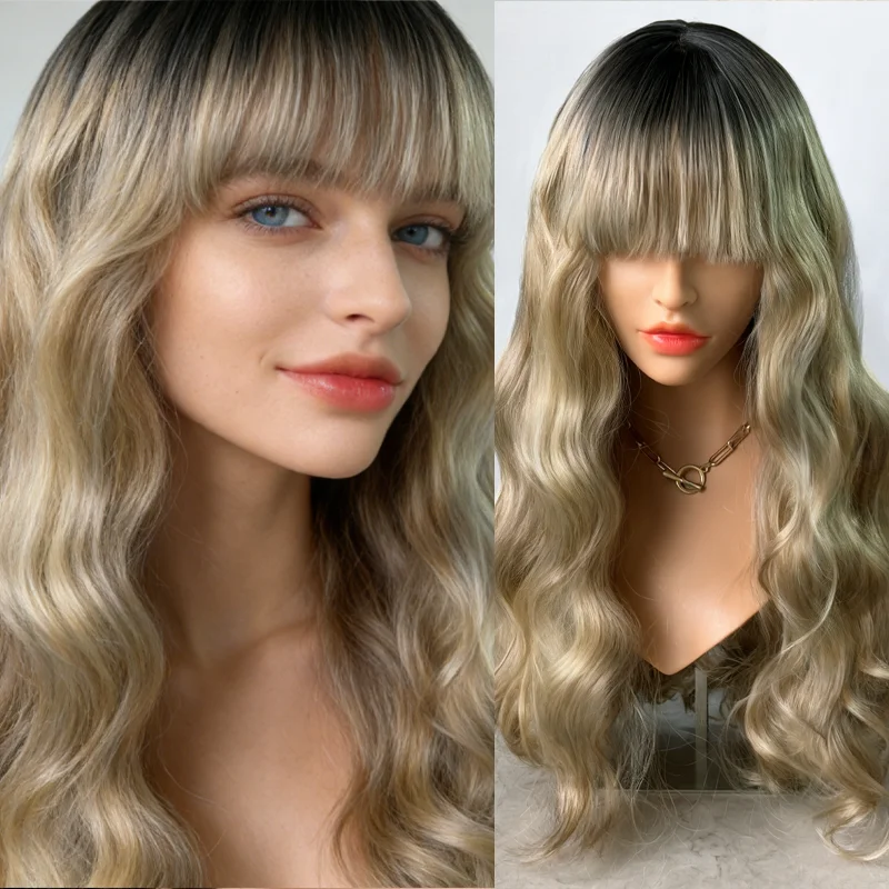 

Синтетический парик омбре золотисто-русого цвета с волнистыми локонами, HD-кружевом спереди и челкой, реалистичная линия роста волос, для женщин, с натуральными темными корнями, мягкий