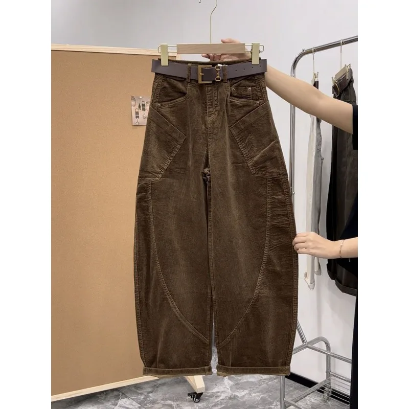 

Новые вельветовые брюки-карго в стиле ретро, осень-зима, утягивающие стильные широкие прямые брюки длиной до пола с высокой талией для женщин