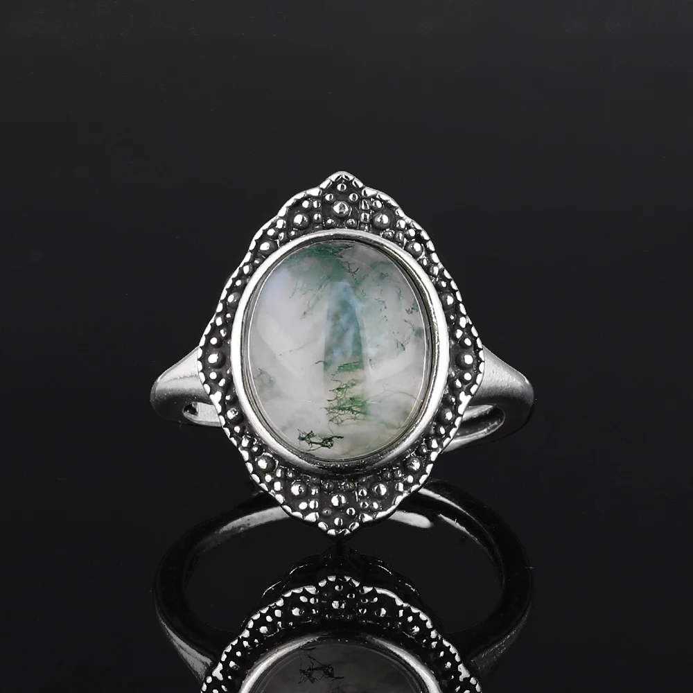 1pc100% Natural moss agate Oval stone ring for women adjustable copper plated 925 silver ring for parties and gifts