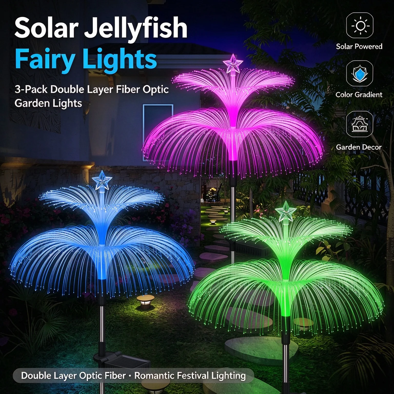 3Pcs Solar Double Layer Jellyfish Lights Color Changing Fiber Optic Outdoor Waterproof Garden Stake Light for Holiday Yard Decor