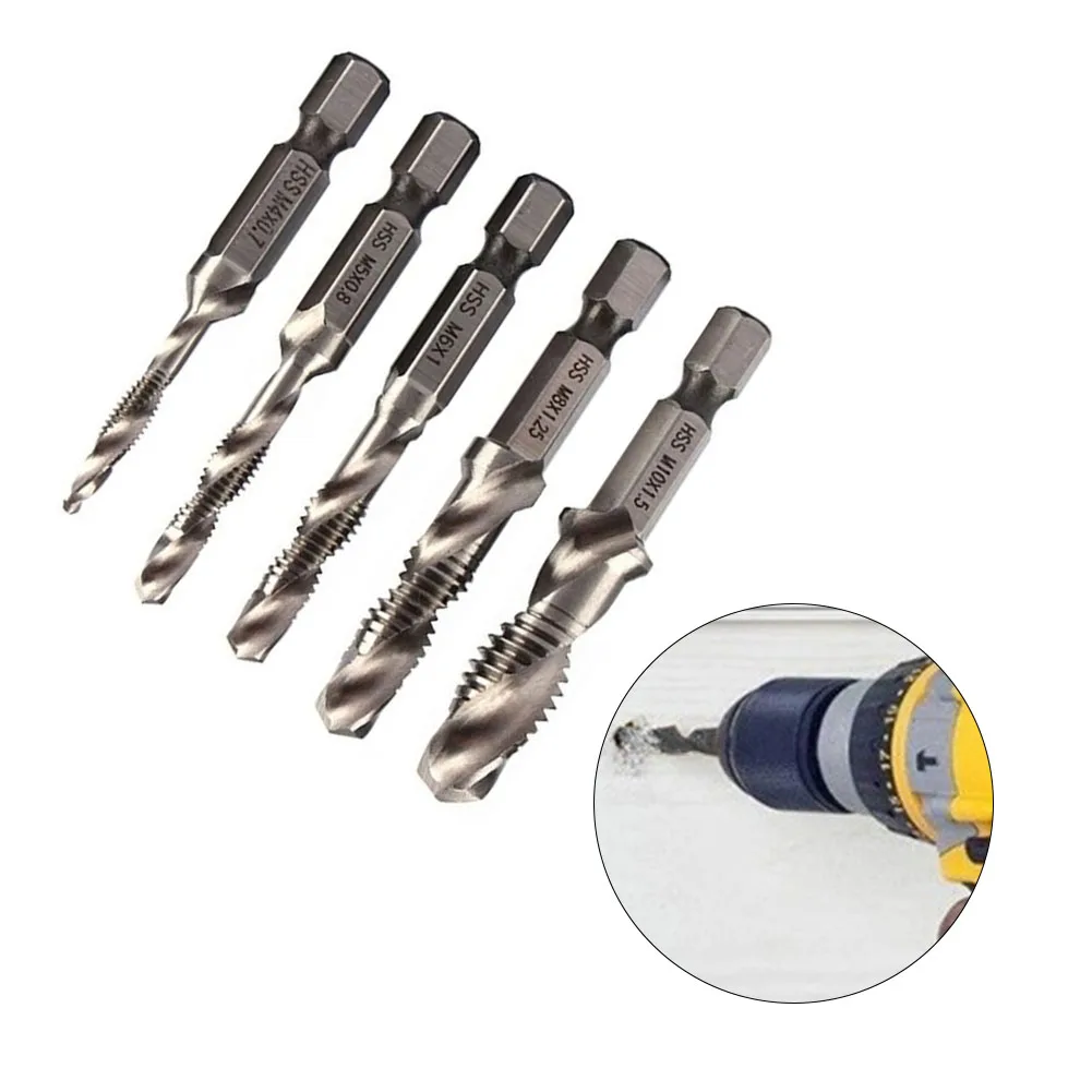 5pcs Tap Drill Bit Set Hex Shank Thread Metric Tap HSS Screw Thread Bit Screw Machine Compound Tap For Metal Steel Wood Plastic