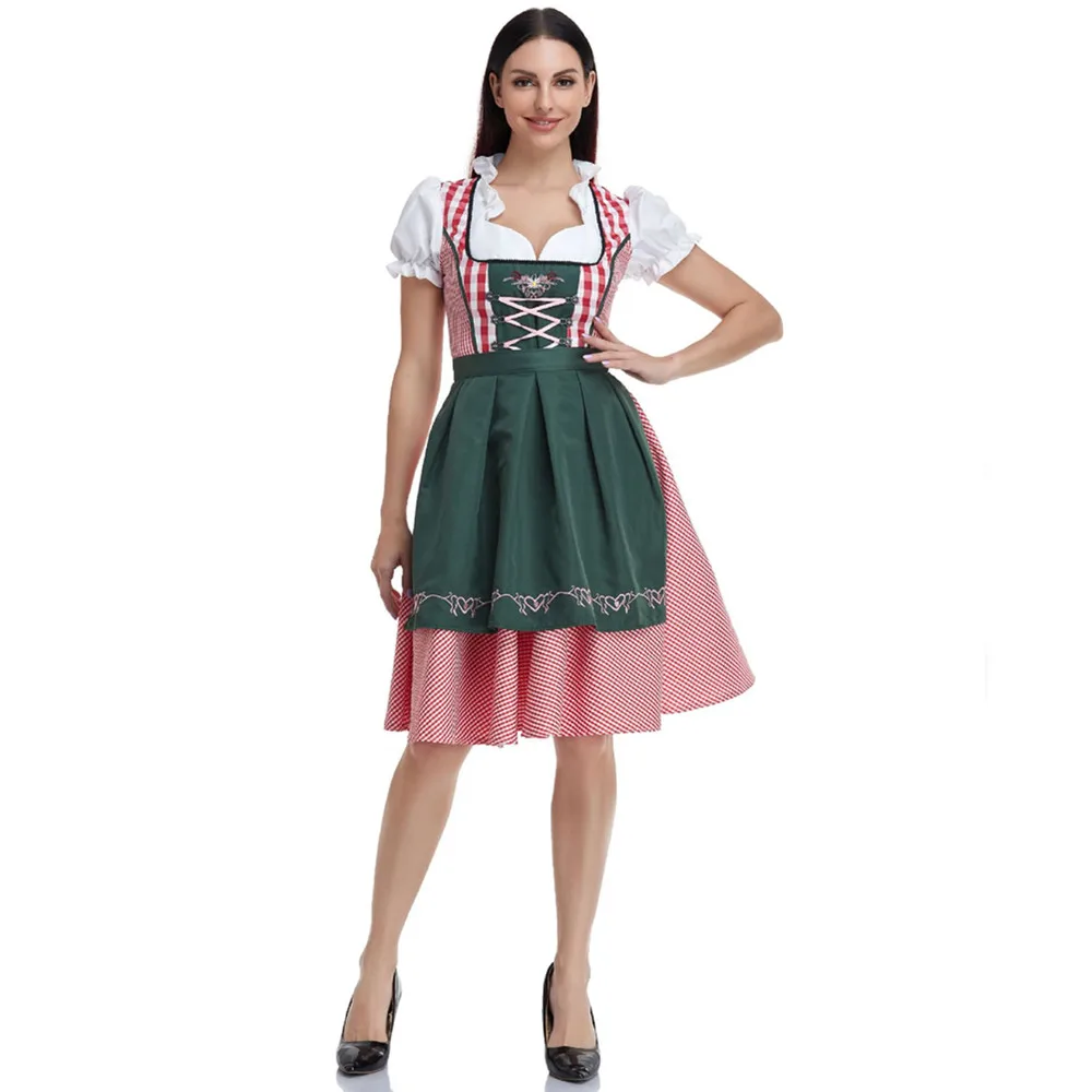 Traditional Bavarian German Oktoberfest Costume Plaid Low Neck Skirt Women Apron Dress Manor Waiter Maid Cosplay Party Dress