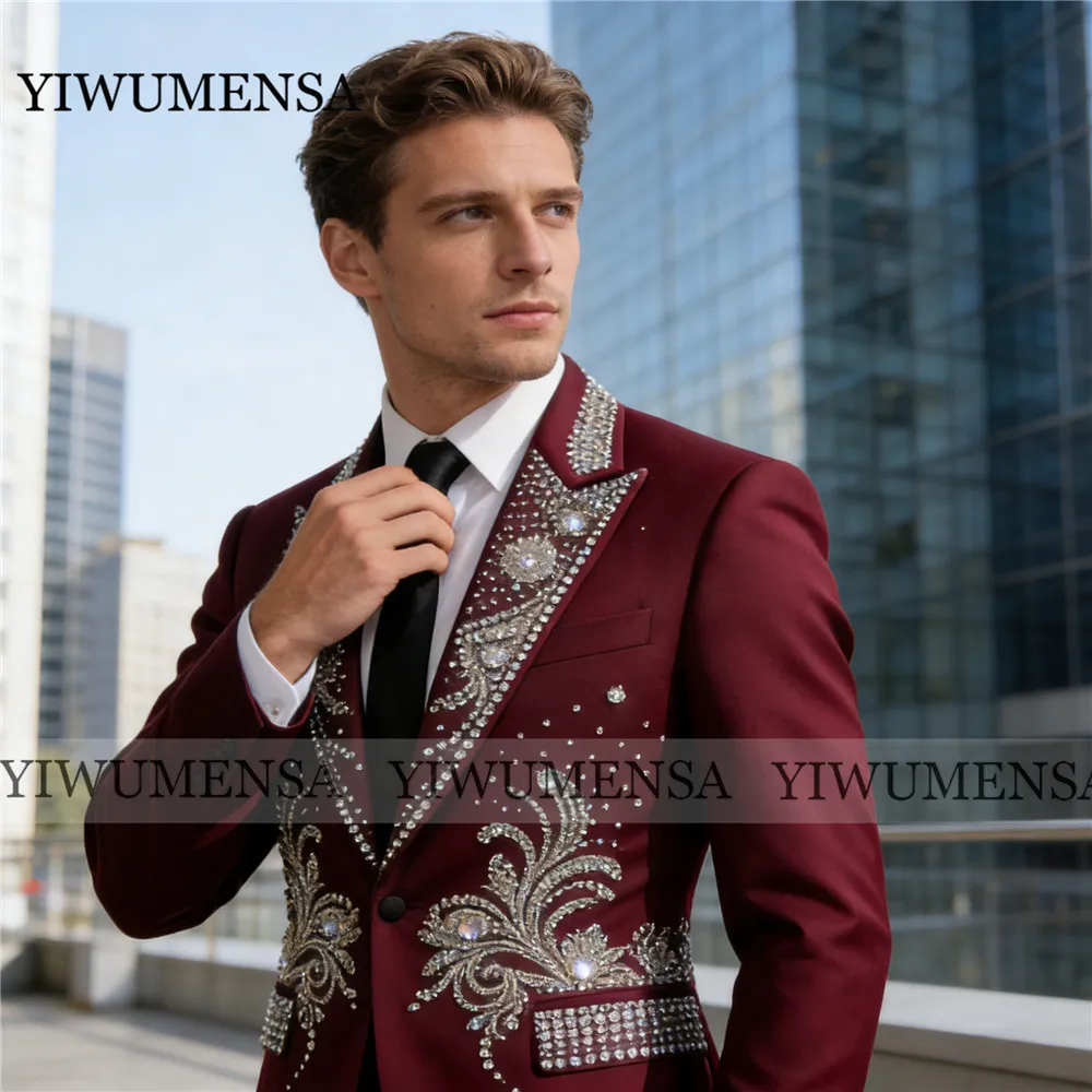 Exclusive Beaded Stones Suit Men For Wedding Burgundy Formal Party Blazers Customized Male Fashion Fashion Groom Tuxedos Attire