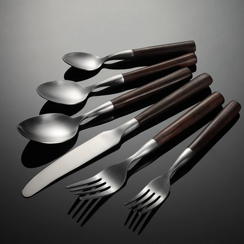 Stainless Steel Cutlery Set Imitation Wooden Handle Sliver Western Dinner Knife Forks Spoon Table Decoration Accessories