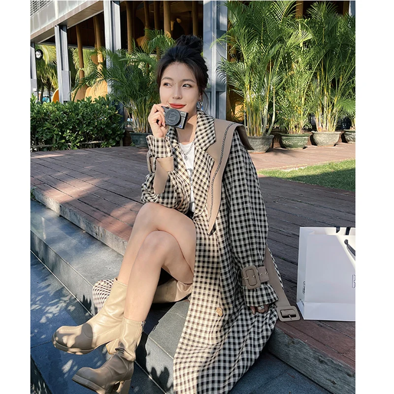 Navy Collar Shawl Plaid Trench Coat Women Autumn 2023 Double-Breasted Overcoat Popular Hepburn Wind Long Windbreaker Jacket Lady