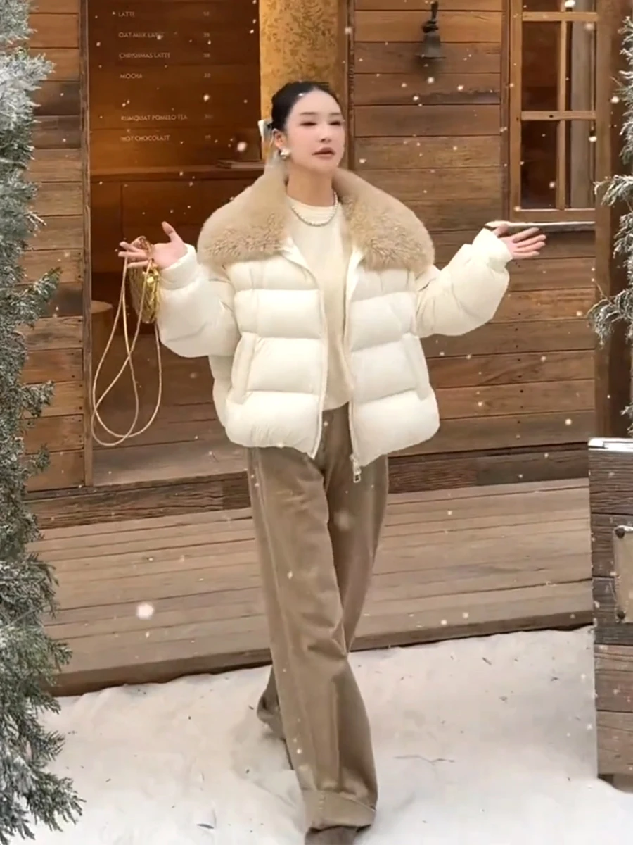 

Женская парка Ele с большим меховым воротником, средней длины, теплая, белая, на пуху, новинка зимы 2025