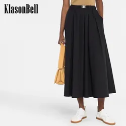 3.17 KlasonBell Women 2023 Spring Summer New Adjustable Stretch Waist Belt Cotton Pleated Midi Skirt