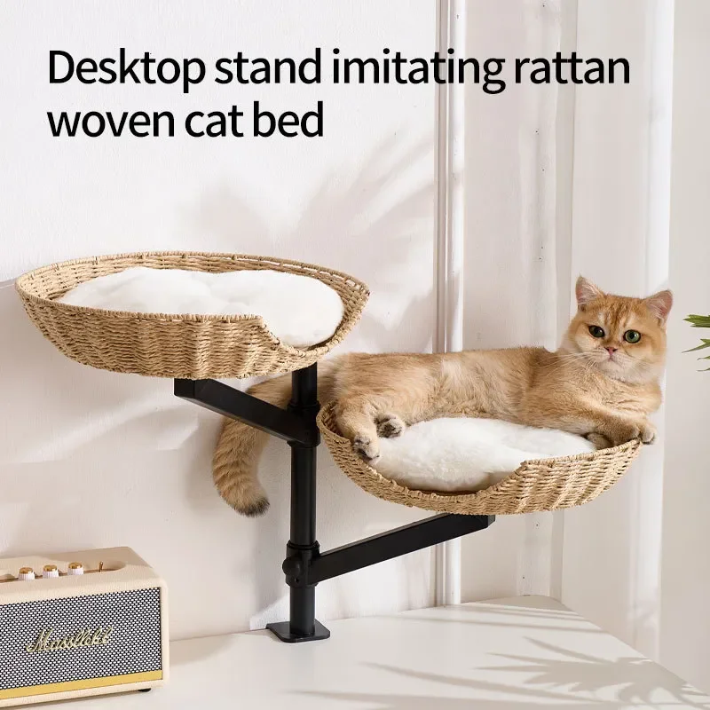 Desktop Cat Climbing Frame Solid Wood Imitation Rattan Woven Hanging Nest Space Saving Wall Mounted Pet Activity Tower for