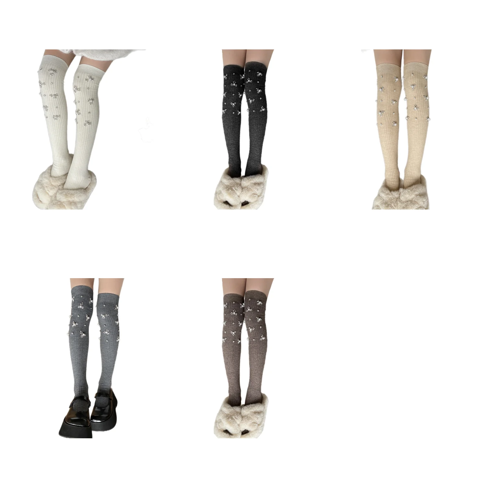 Pearl sequin Morandi color cashmere over-the-knee warm stockings five-color suit (white/black/khaki/grey/brown)