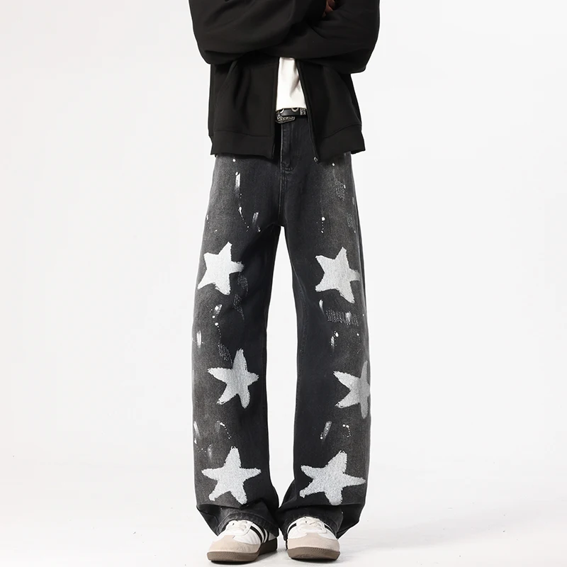 

High Street Men's Denim Jeans Stars Printing Contrast Color Loose Graffiti Straight Leg Loose Male Jeans Personalized