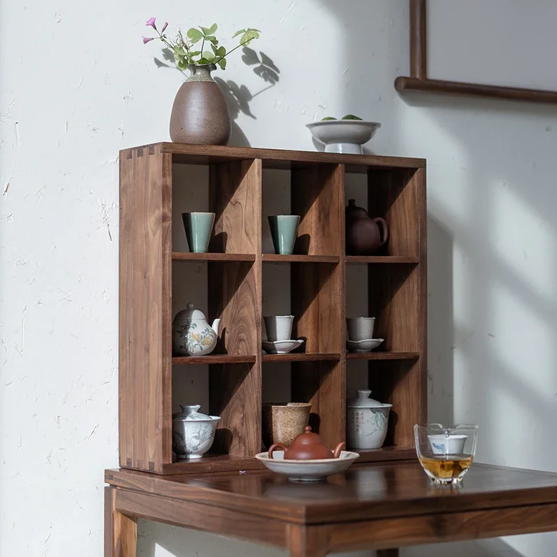 Black walnut nine-square lattice shelf, wall desktop shelf, solid wood tea furniture, multi-baoge porcelain checkered shelf