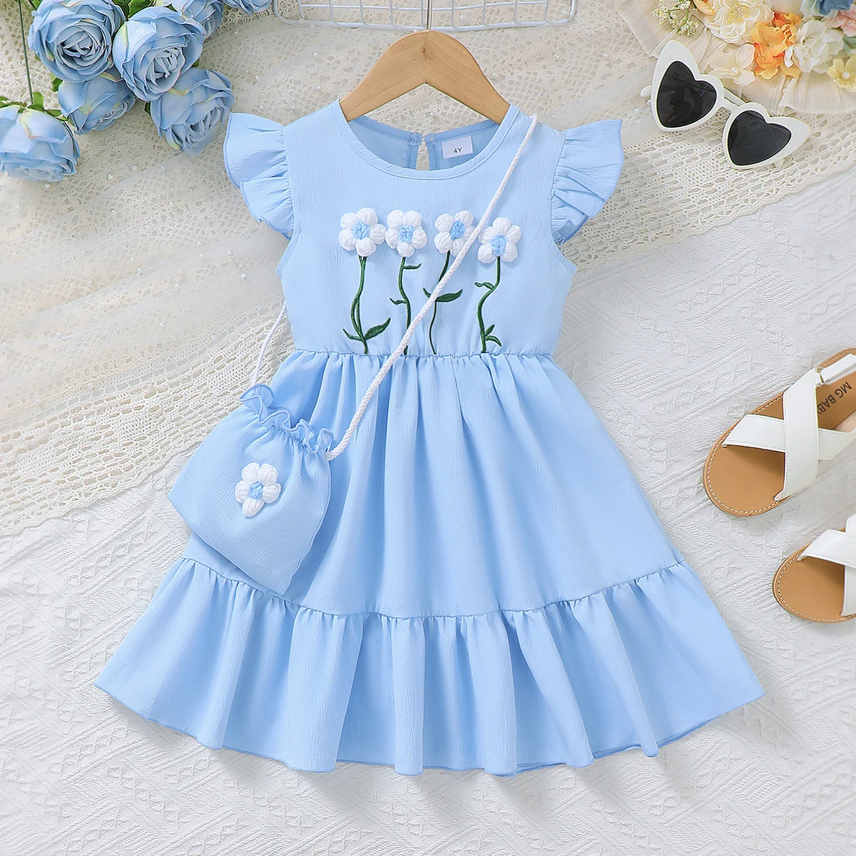 1-6 Year Girls' Summer Dress Round Neck Beautiful Knitted Small Flower Embroidered Dress + Mini Bag Set Girls' Fashionable Dress