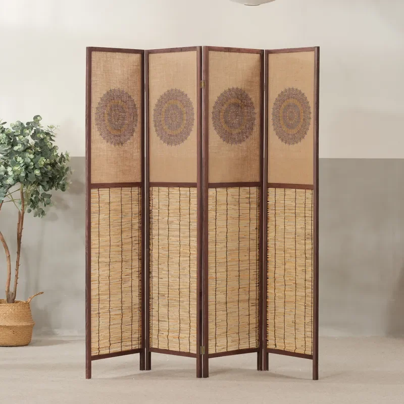 Modern Simple Linen Reed Curtain Movable Folding Screen Partition Wall for Office Home Porch Hotel