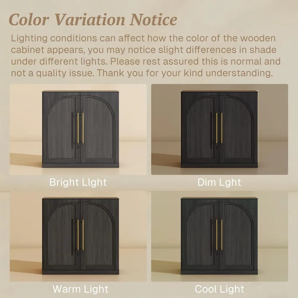 Aparador modular BELLEZE com portas de madeira de arco duplo, armário pequeno de buffet arqueado com armazenamento e prateleiras ajustáveis, clássico M