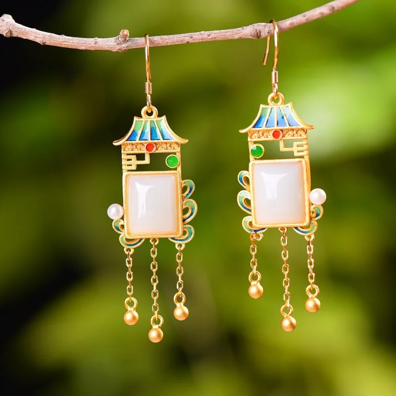 

Серьги с кисточками из серебра 925 пробы с инкрустацией из белого нефрита Hetian, винтажный комплект ювелирных изделий с облаком