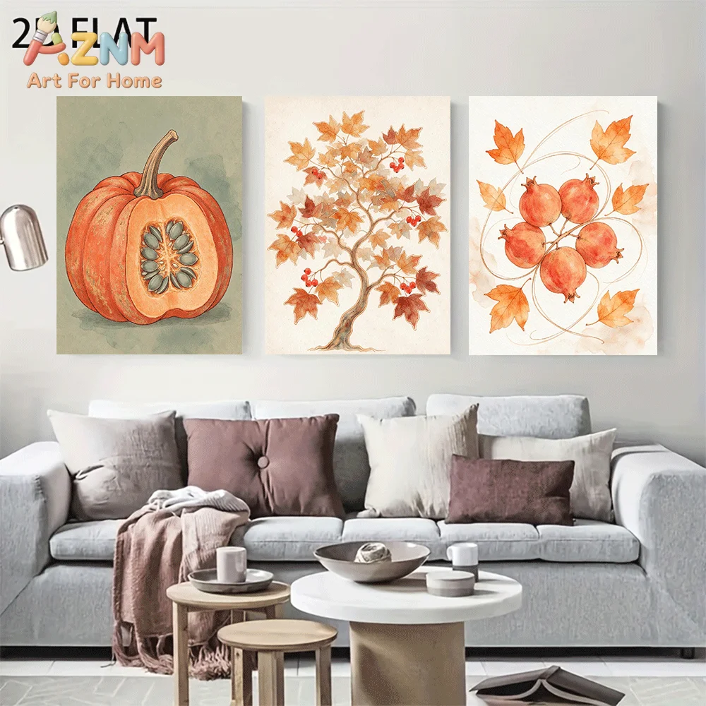 AZNM Frameless Canvas Wall Art, Watercolor Pumpkin Maple Leaf Pomegranate Print, Vintage Autumn Botanical Fruit Art Wall Decor f
