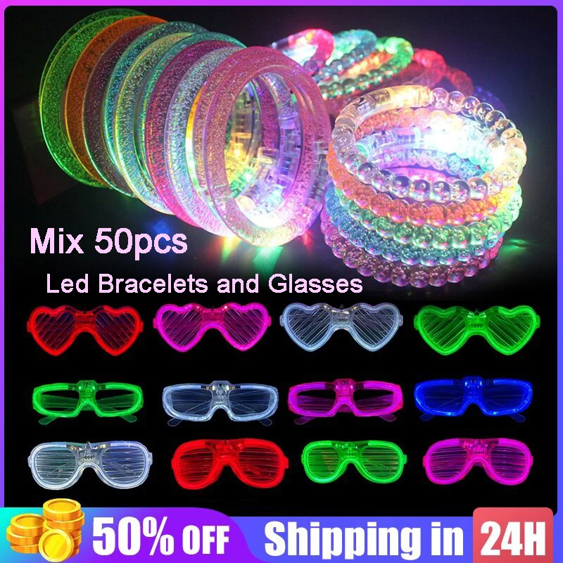 

50PCS Mix Led Glasses Bracelets LED Light Up Toys Party Favors Glow in the Dark Party Supplies for Kids Adults LED Glow Glasses