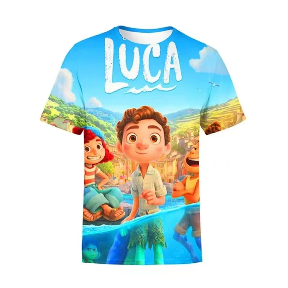 T-shirt de dessin animé imprimé en 3D Disney Luca, haut mignon à manches courtes pour filles et garçons, t-shirt d'été pour enfa