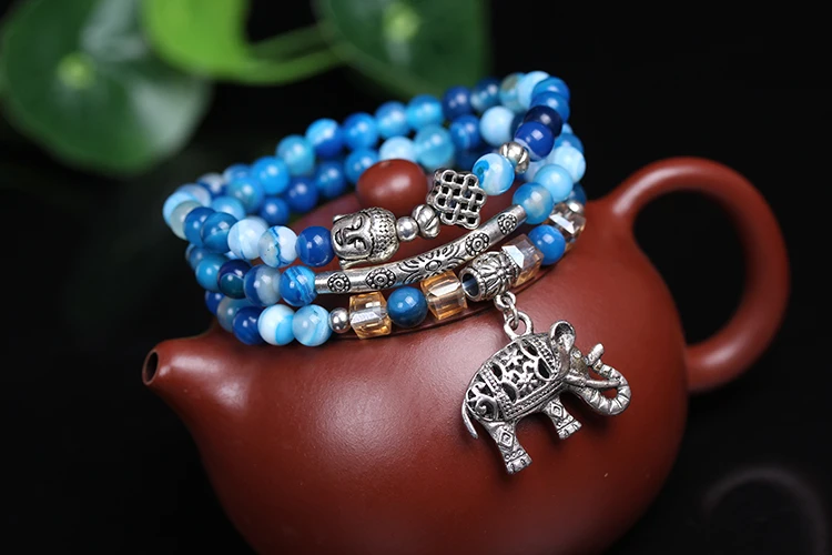 6mm  Natural Blue Agate Beads Bracelet Female Vintage Fine Multi-layer Jewelry For Woman's Gifts Can Drop Shipping