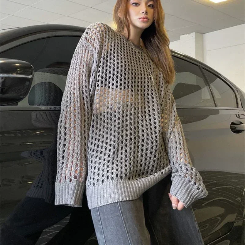 Women's Knitted Top Sexy Transparent Loose Summer Mesh Pullovers Top Long Sleeve Basic Oversized Sweater