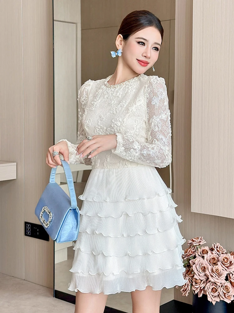 Fairycore Verjaardagsfeestje Jurken Vrouwen Prachtige Geborduurde Bloem Ruche Taart Jurk Pure Kant Parel Diamant Baljurk Vestido