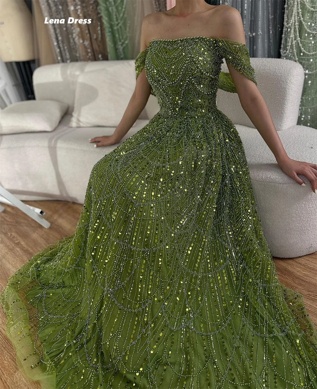 Lena-vestidos largos de graduación 2025, línea verde, lujosos vestidos de noche para mujer, elegante vestido de noche de lujo para mujer, fiesta con cuentas