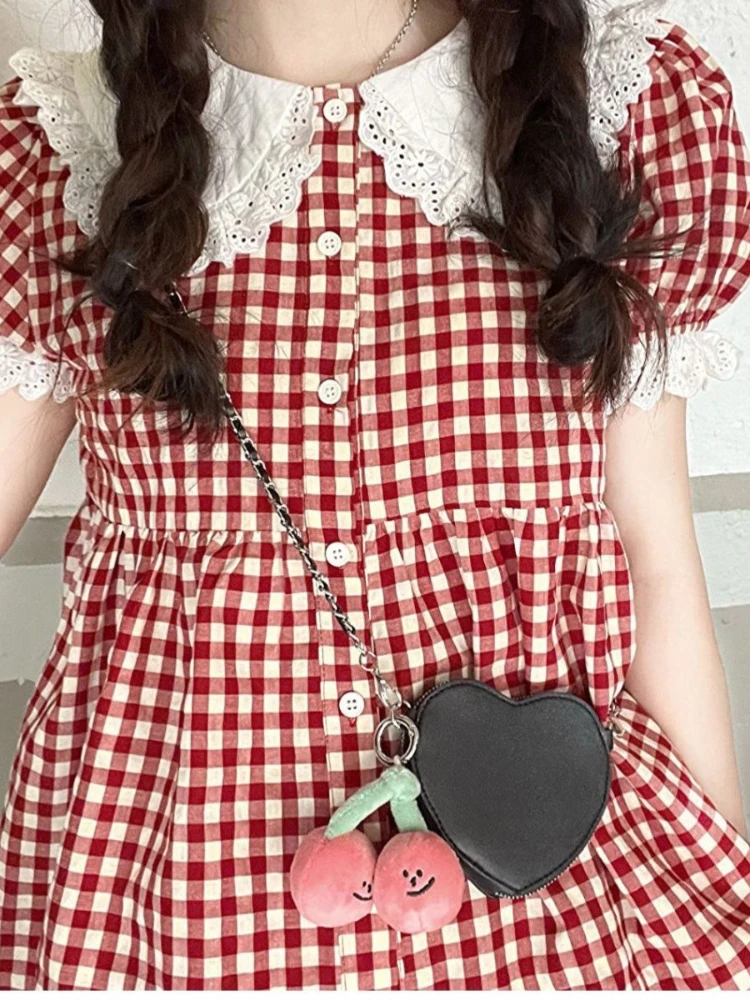 KOSAHIKI Red Plaid Blouse Women Kawaii Peter Pan Collar Lace Ruffle Shirt Japanese Girl Cute Puff Sleeve Vintage Tops Blusas