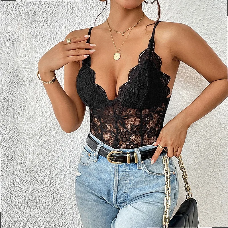 Sexy Lace Camisole Deep V Neck Bodysuit Jumpsuit Spring Summer Matching Set