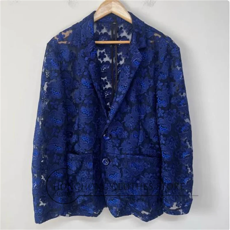 

Gemstone blue heavy industry embroidery organza perspective men summer fold wear gorgeous suit jacket