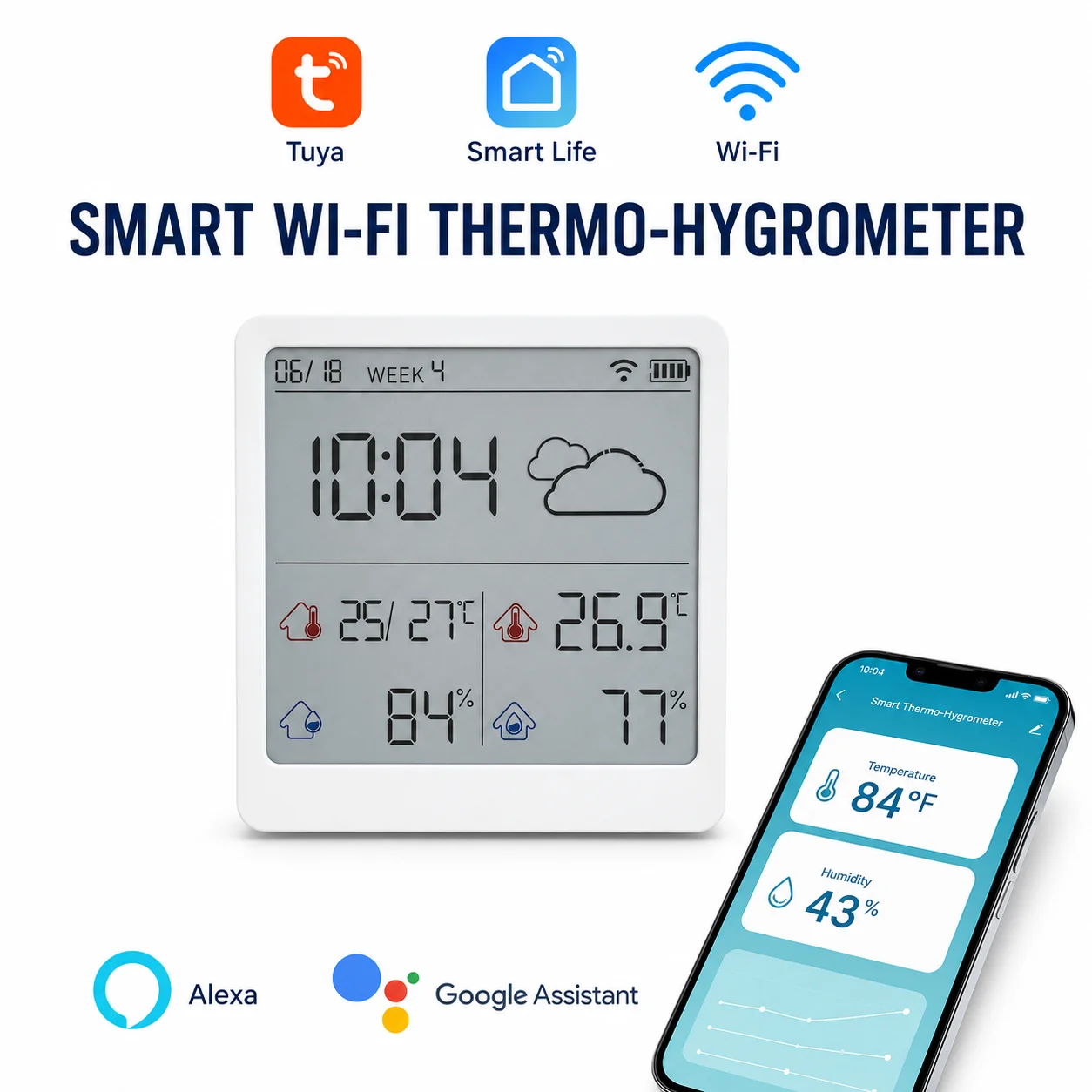 Tuya Electronic Temperature Humidity Sensor Wifi Smart Electric Digital Hygrometer Thermometer Clocks Weather Station