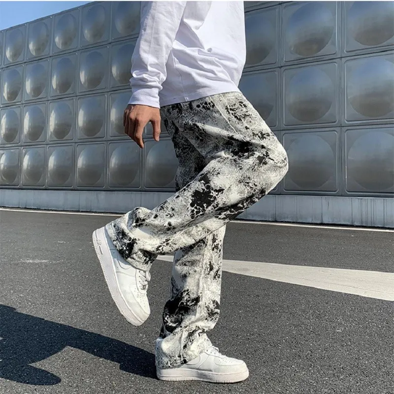 Printed jeans men Spring 2025Tie dye Jeans Fashion trend Denim Trousers Korean Style High Street Straight Hip Hop Jean Pants man