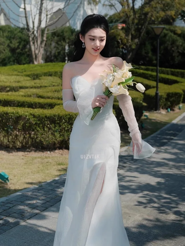 فساتين زفاف كورية بسيطة مثيرة بدون حمالات بدون ظهر فستان سهرة رسمي أنيق بطول الأرض على شكل حرف a فساتين زفاف مخصصة