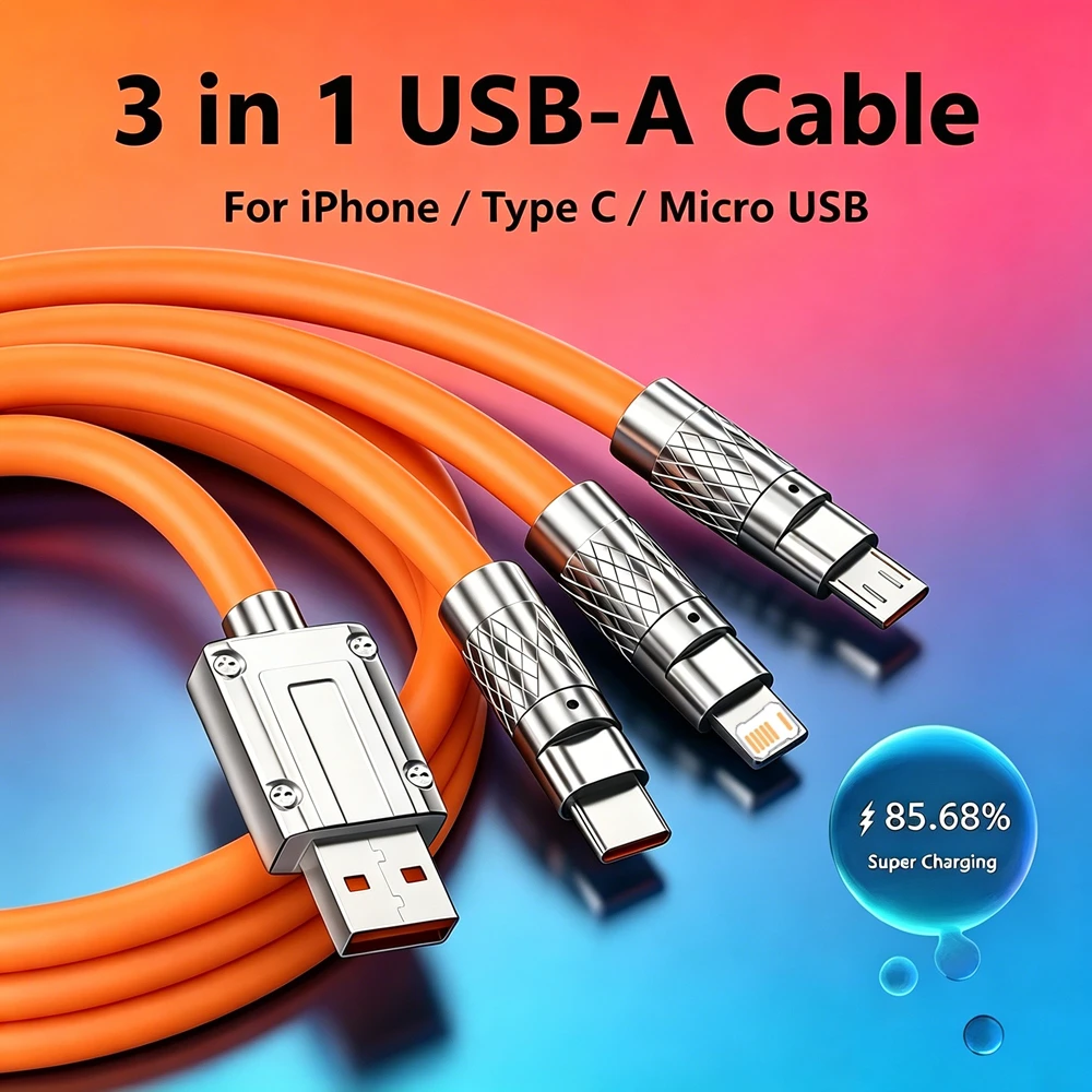 3-In-1 Universal Multi-Port Fast Charging USB-A Cable For iPhone 12 13 14 Huawei Honor Xiaomi Redmi POCO Micro USB Type C Cables