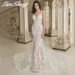 YunShang Deep V-Neck Wedding Dresses Lace Appliques Sleeveless Sexy Mermaid Bride Gown Backless Vestidos De Noiva Customized
