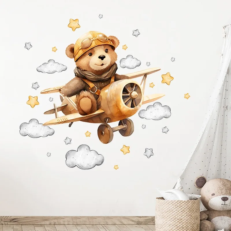 

Cartoon Cute Teddy Bear Dirve Plane Wall Stickers Removable for Kids Room Boys Room Decor Vinyl Nursery School Decoration Decals