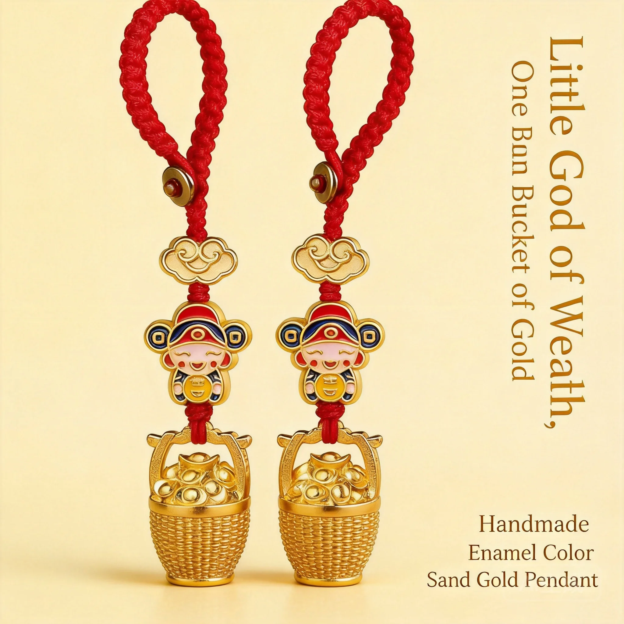 Chinese Style Auspicious God Of Wealth Pendant Lucky Wealth Attracting Enamel Sand Gold Craft Red Rope Hanging Ornament For Car