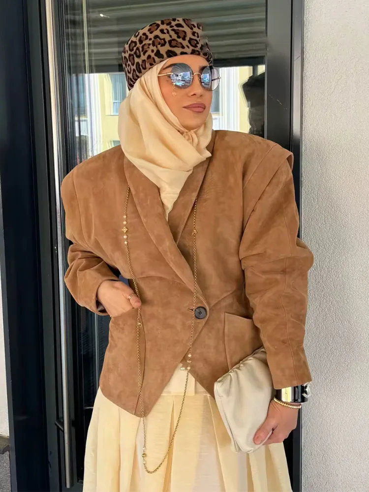 HH Woman's Autumn Vintage V-neck Suede Single-button Blazer Female High-end Long Sleeve Pocket Decoration Slim Casual Jacket