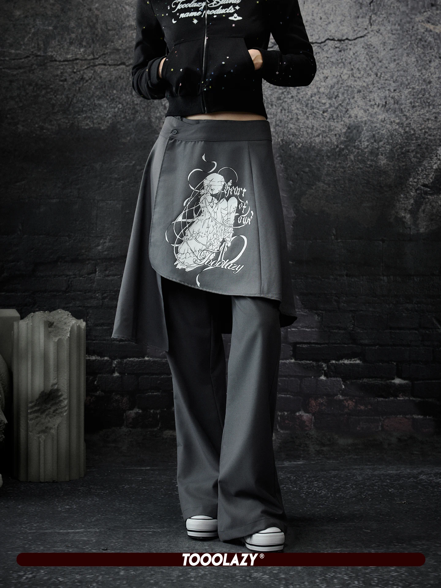 

TOOOLAZY Casual ey Patchwork Straight Leg Long Pants Women's Slim Fit Design Unique Sle Polyester Blend l Waist