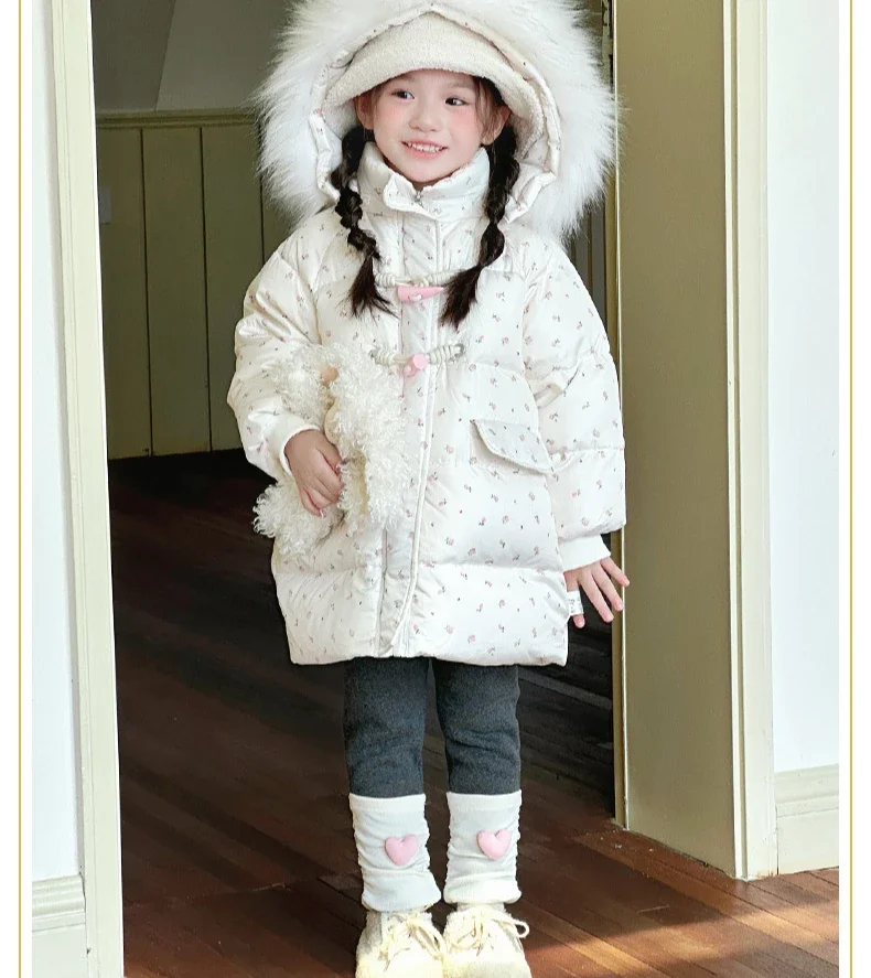 Girls Down Jacket Winter New Childrens Clothes Girl Baby Foreign Cute Floral Hair Collar Down Jacket Casual Simple Daily