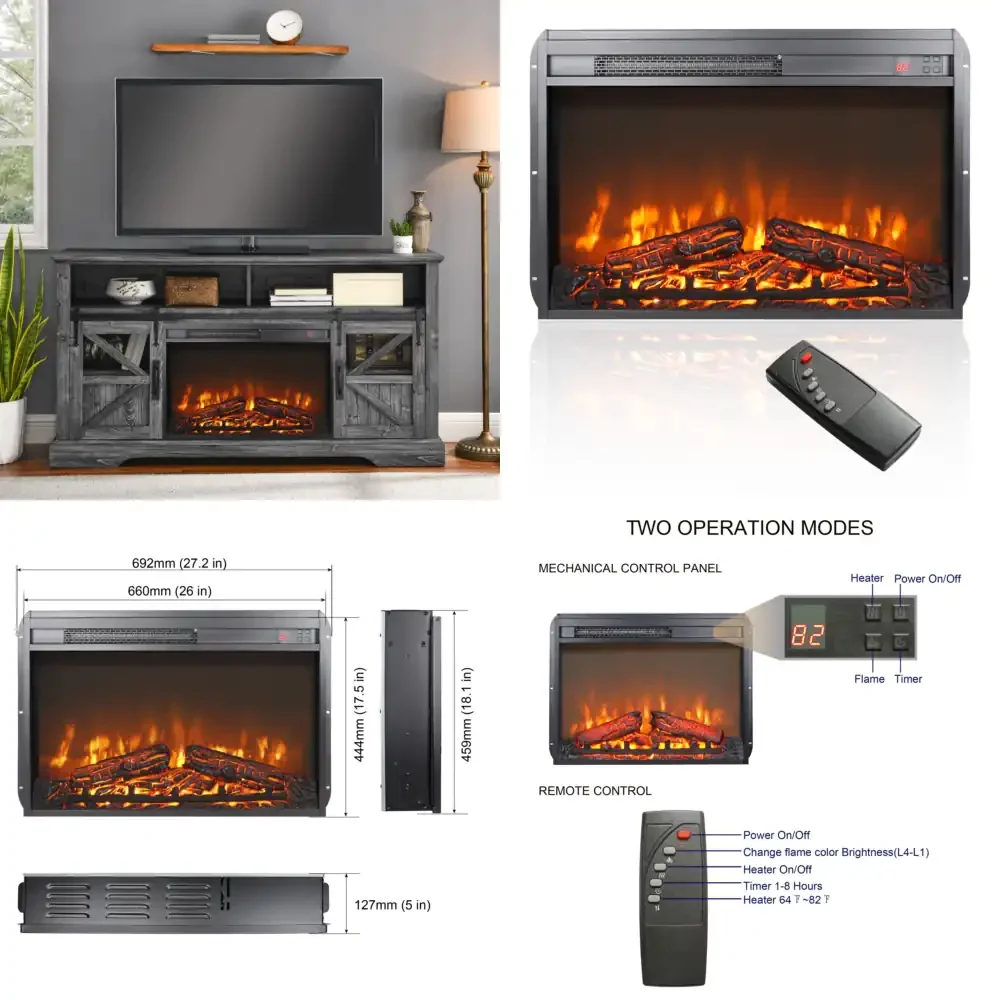 26 Inch Electric Fireplace Insert Ultra Thin Heater with Log Set and Realistic Flame Remote Control with Timer and