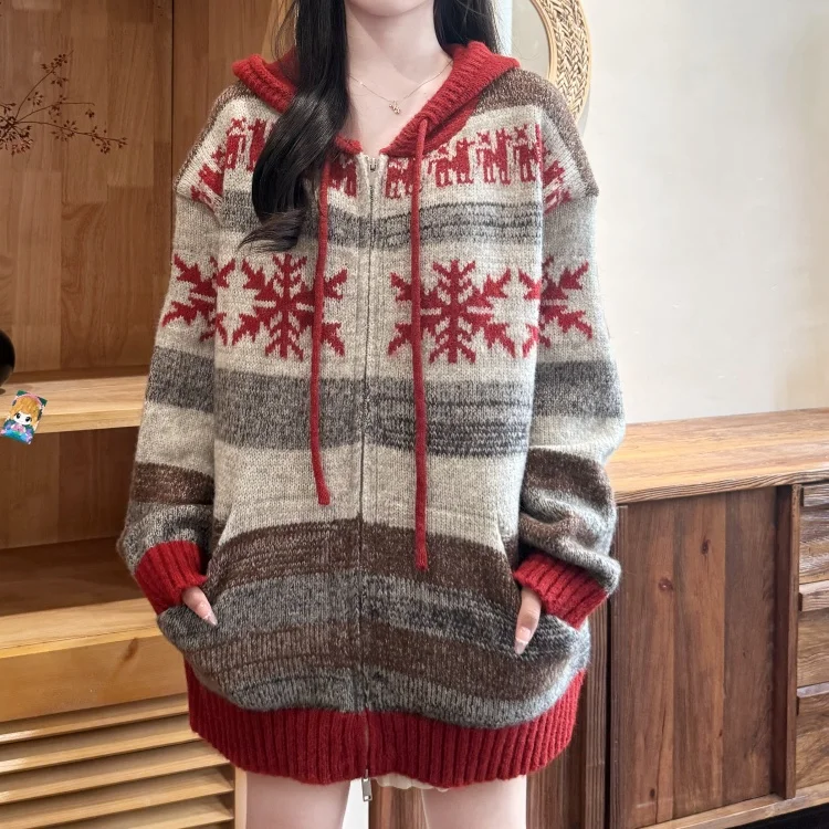 

Thiened вязаный открытый кардиган с капюшоном Cisas Lazy Soft ретро олень узор свитер средней длины пальто для женщин зимний сезон