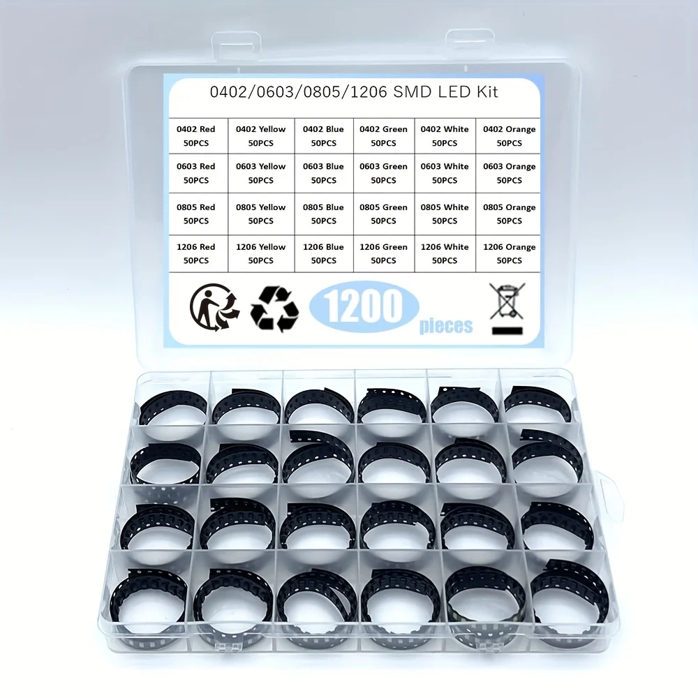 1200Pcs/LOT SMD LED Kit 0402 0603 0805 1206 Red/Green/Blue/White/Yellow/Orange Diode Set 6 Colors Each 50Pcs
