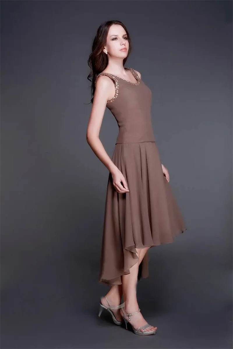 Elegante braune hohe Mutter der Braut Kleider mit Jacken Pailletten Juwel Hals Abendkleider appliziert Chiffon Brautkleid