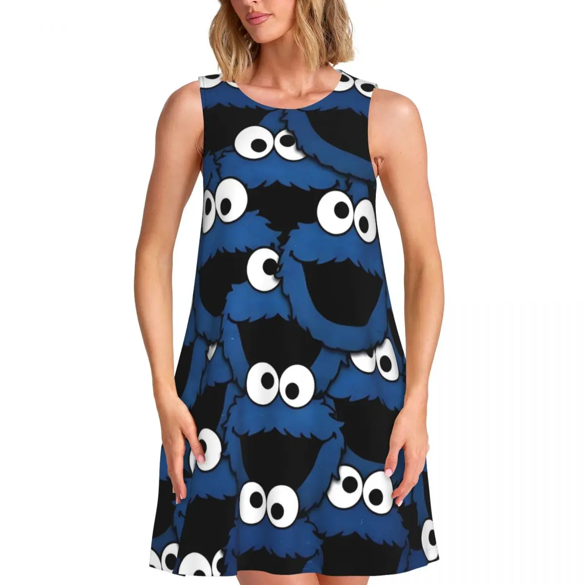 فستان صيفي فضفاض مخصص من كوكي مونستر مع جيب مطبوع للتلفزيون التعليمي للأطفال بدون أكمام #1