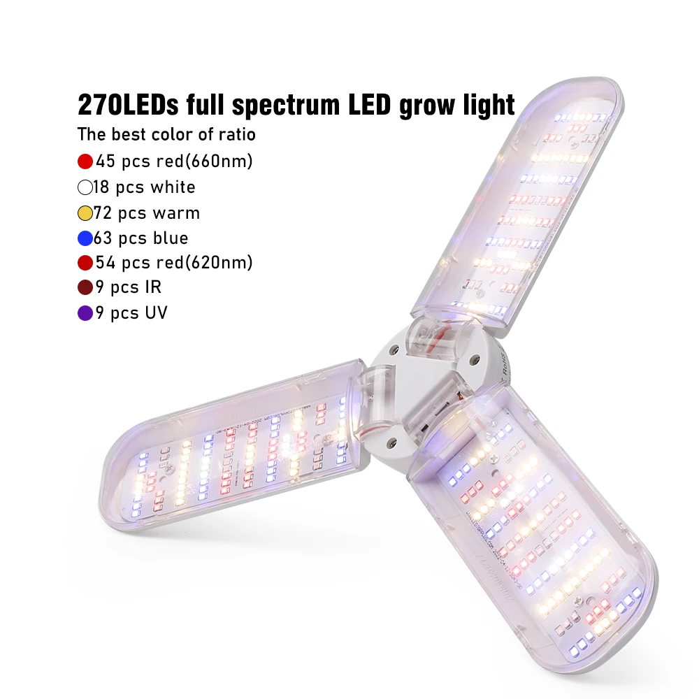 3 Wings E27 Phytolamp Folding Full Spectrum LED Grow Light For Plants Seeds Flowers Greenhouse