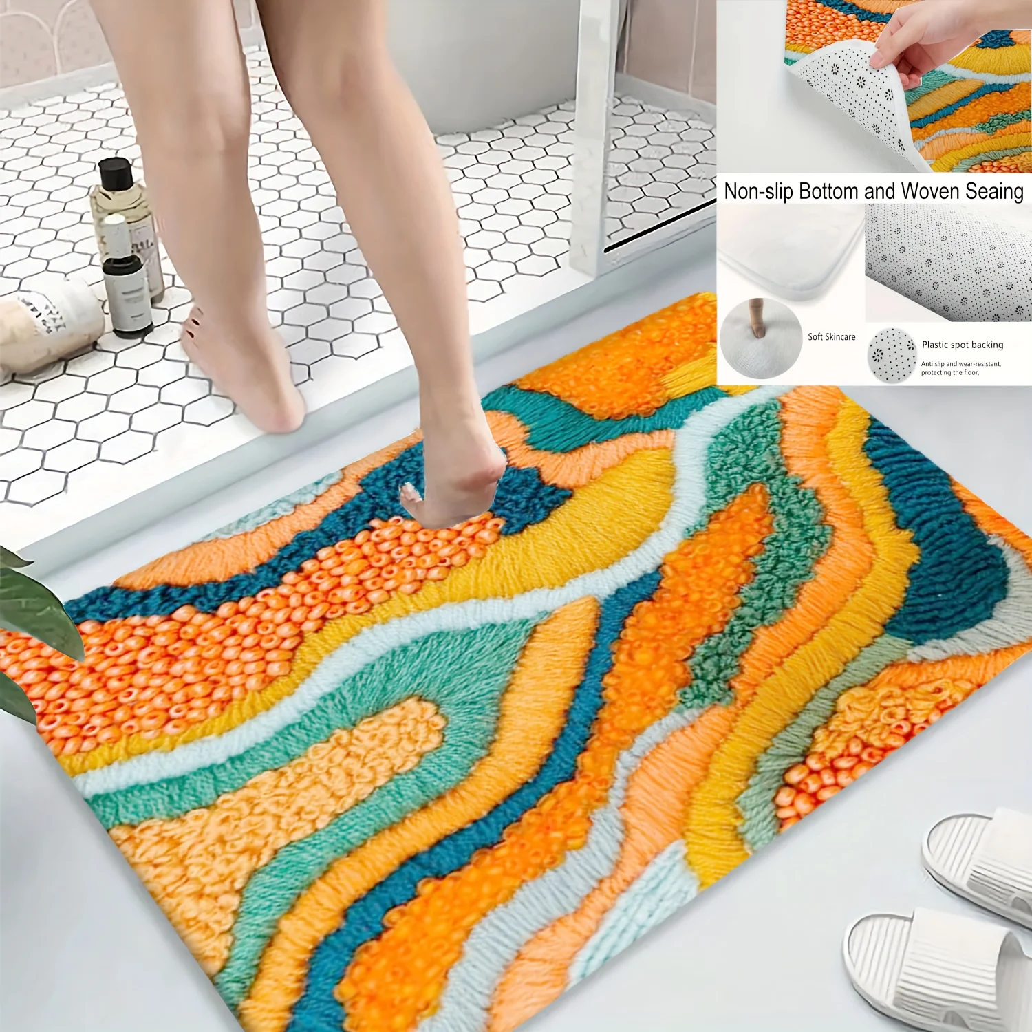 Colorful Abstract Wave Printed Flannel Bath Mat With 3D Textured Design And Non Slip Backing Cozy Rug For Bathroom Or Home Decor