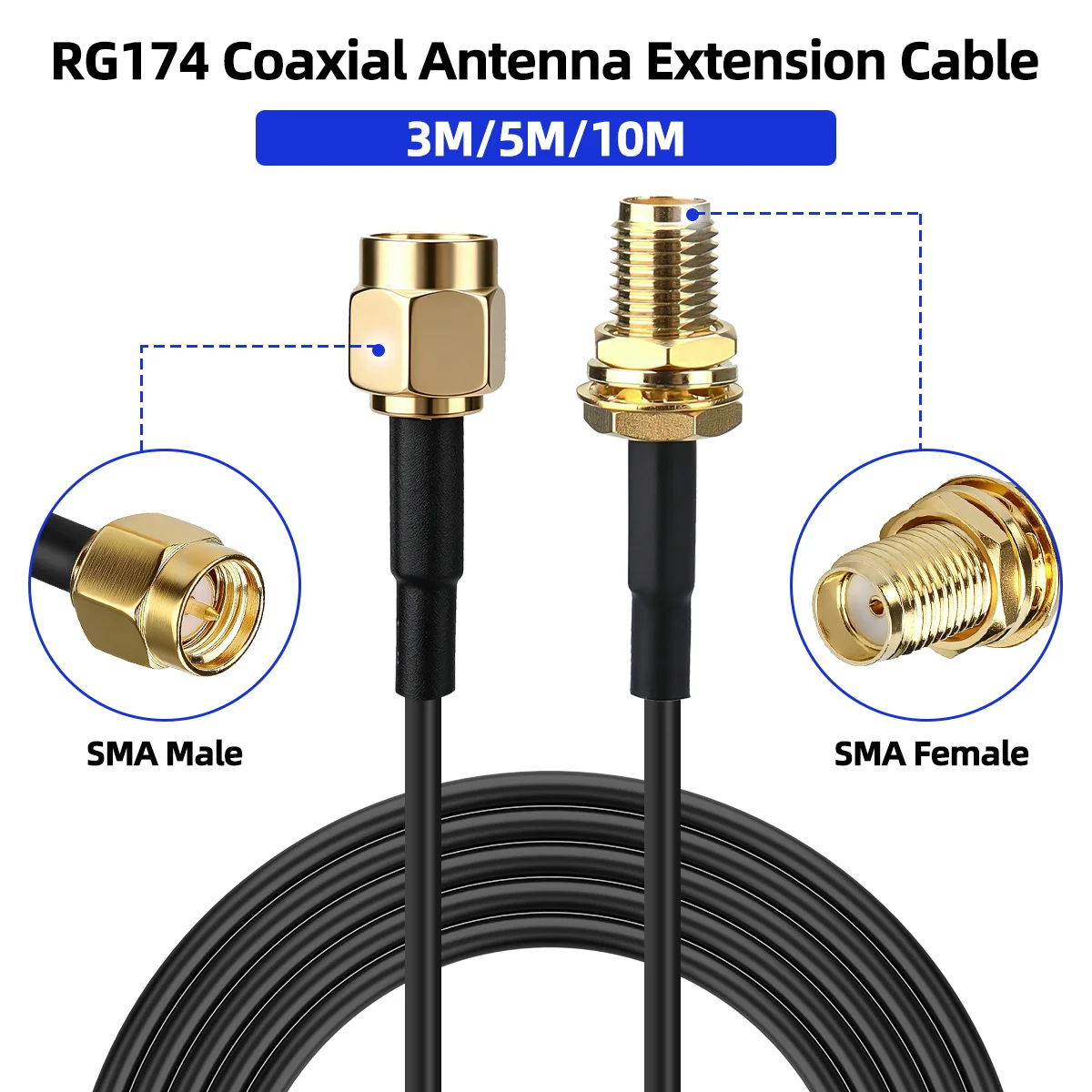 

ABBREE Antenna Extension Cable SMA-SMA Male and Female Internal Screw Holes To External Screw Pins RG174 Coaxial Extension Cable