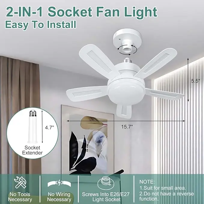 REYLAX Socket Fan Light with Remote, 6 Speeds 3 Colors 3000K-6000K Dimmable 1200 Lumen, 15.7