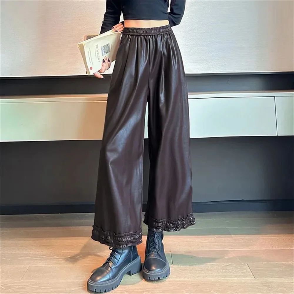 

2025 женские брюки из искусственной кожи, свободные повседневные брюки Y2k с эластичной резинкой на талии, зимние бархатные брюки из искусственной кожи, теплые шикарные брюки до щиколотки в стиле Харадзюку