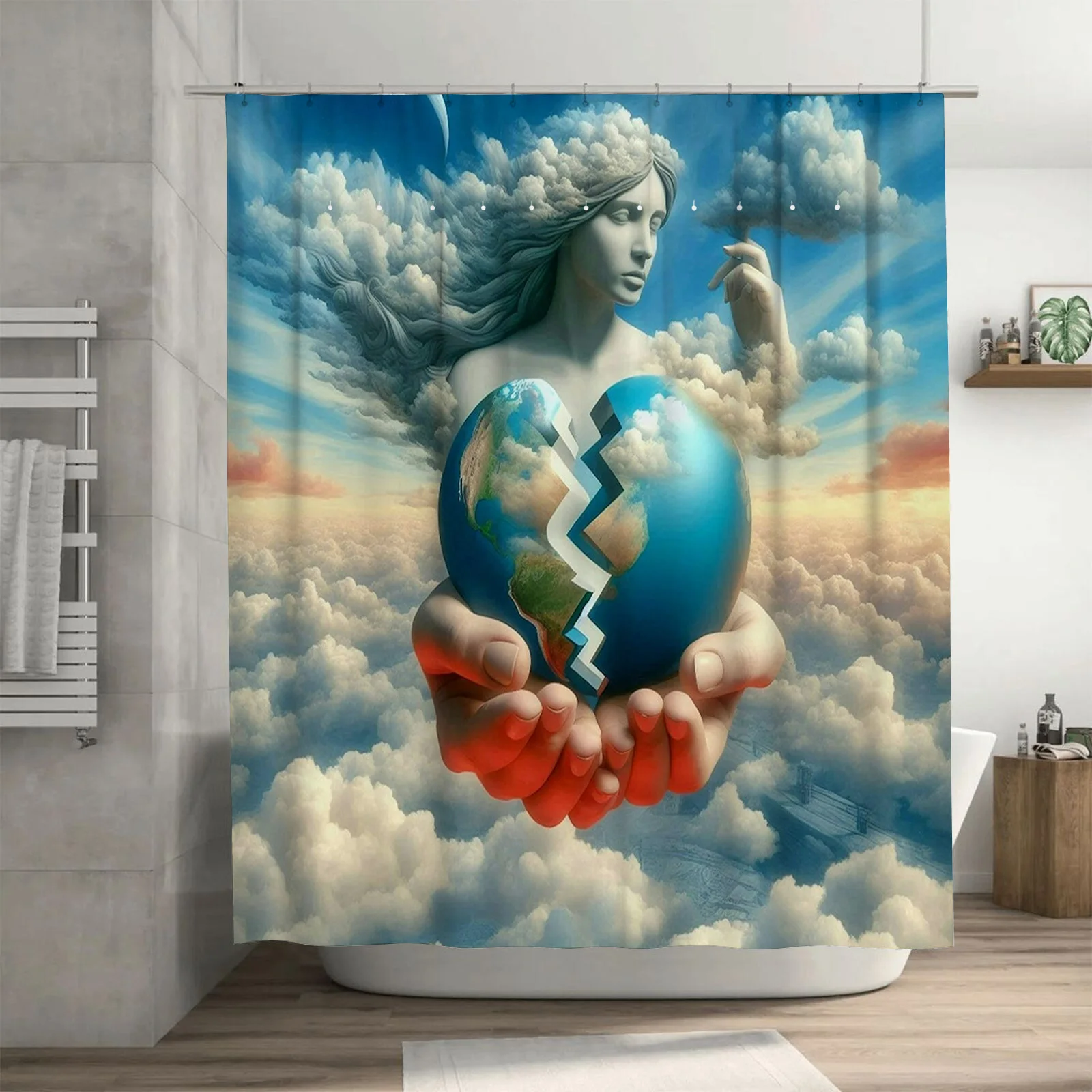 Surreal Woman with Clouds and Broken Earth Shower  - Waterproof, Mildew-Resistant, Machine Washable for Unique Bathroom Decor